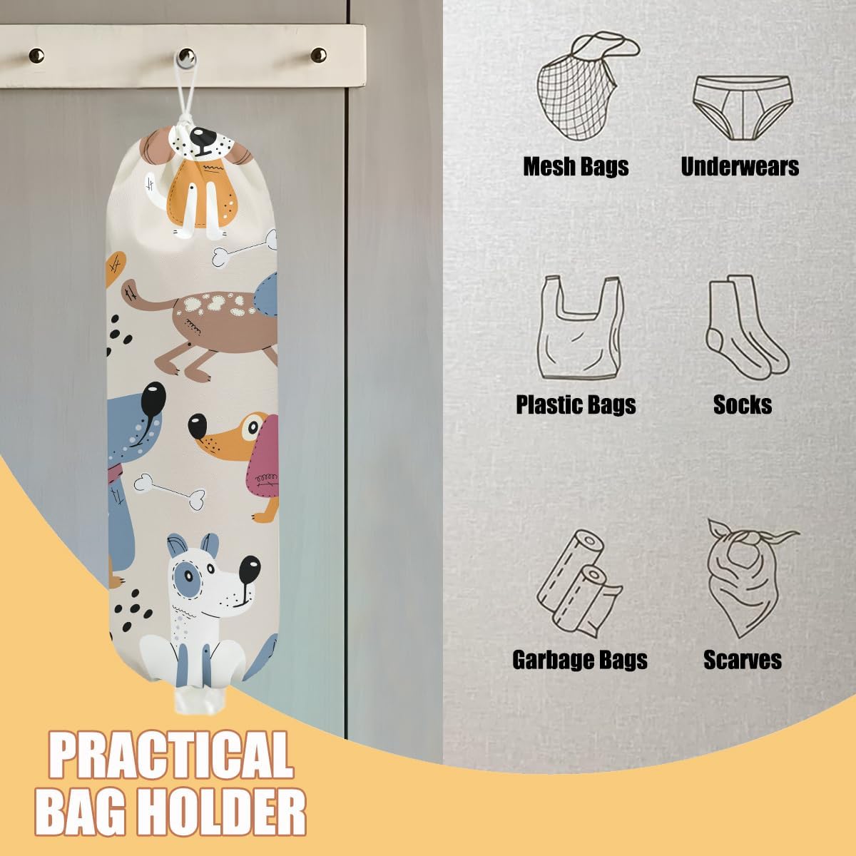 Dog Plastic Bag Holder, Wall Mount Grocery Bag Holder, Plastic Storage bag, Pull Rope Free Adjustment, Plastic Bag Holders for Grocery Bags, Plastic Bag Dispenser for Home Kitchen, Dog Lover Gifts