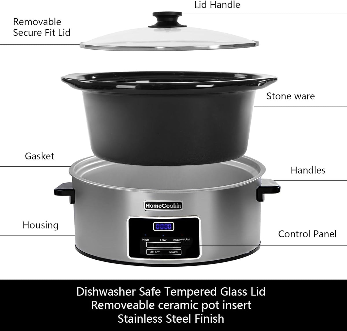 HOMECOOKIN 7-Quart Programmable Slow Cooker with Keep Warm Setting, Digital Timer - Perfect Kitchen Small Appliance for Family Dinners - Large Enough to Serve 8+ People