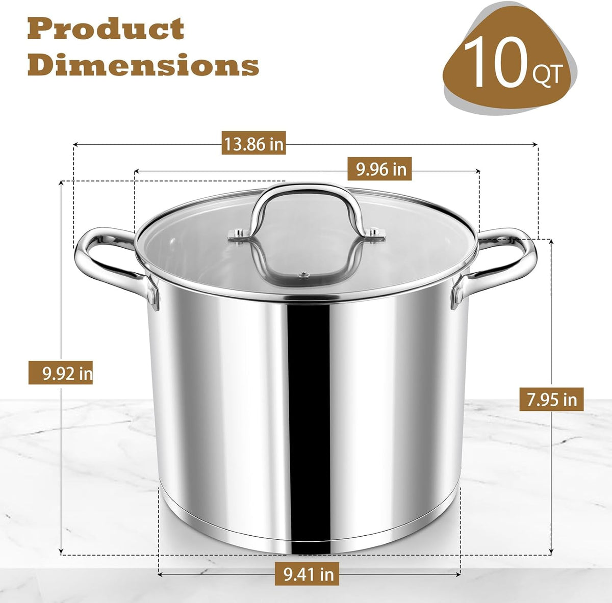 P&P CHEF 10 Quarts Cooking Stock Pot with Lid, Stainless Steel Stockpot Induction Pot for Soup, Tri-Ply Bottom & Clear Glass Lid & Double Handle, Dishwasher Safe