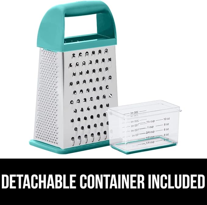 GORILLA GRIP 4-Sided 100% BPA-Free Cheese Grater With Container, Stainless Steel Box Graters, Parmesan Shredder, Grate Cheeses, Shred Veggies, Slip Resistant Handle, Dishwasher Safe Zester, Turquoise