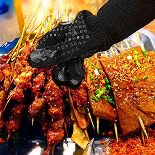 Mitts Oven Gloves with Fingers BBQ Heat Resistant Gloves Oven Gloves 1472℉ 14Inch Cut Resistant Cooking Grill Gloves Silicone Non-Slip Cooking Gloves for Grilling/Baking for Gift (Large, Black)