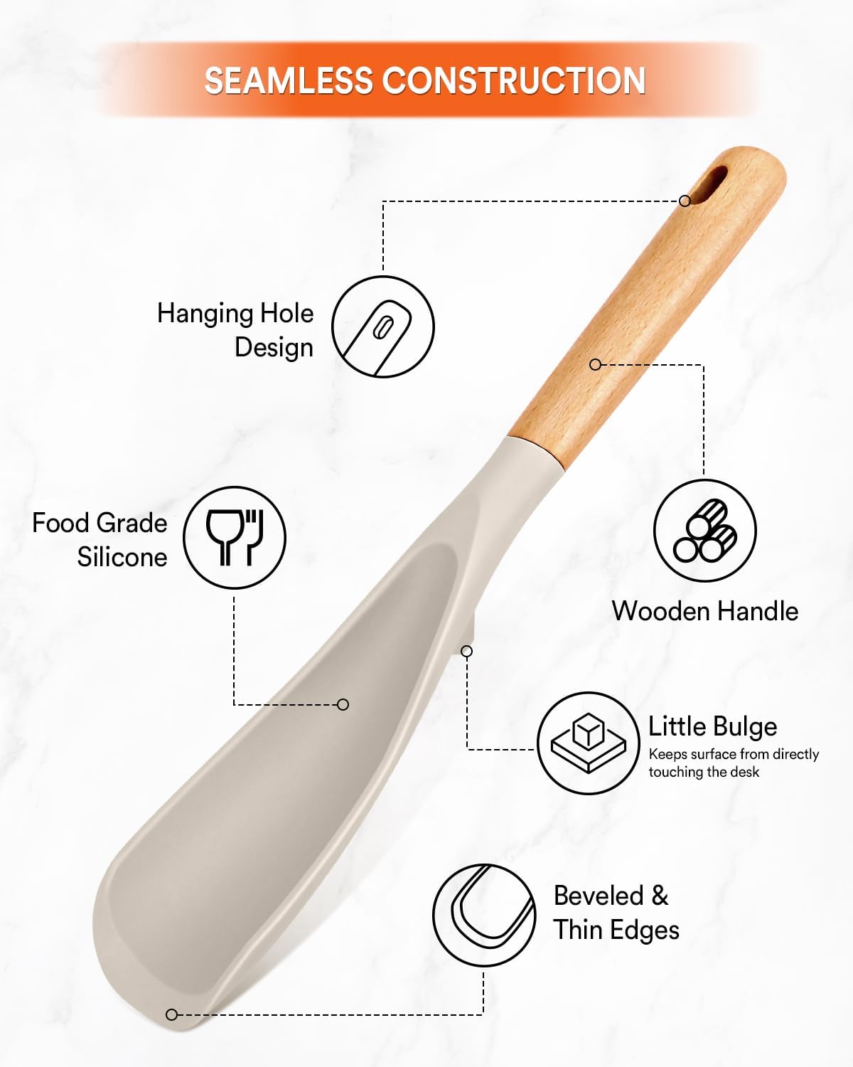 Cooking Spoon and Rice Scooper for Nonstick Cookwares, Great for Cooking and Serving Sturdy BPA-Free Matte Silicone, Wood Handle Spoon for Mixing, Scoop, and Scrape (KHAKI)