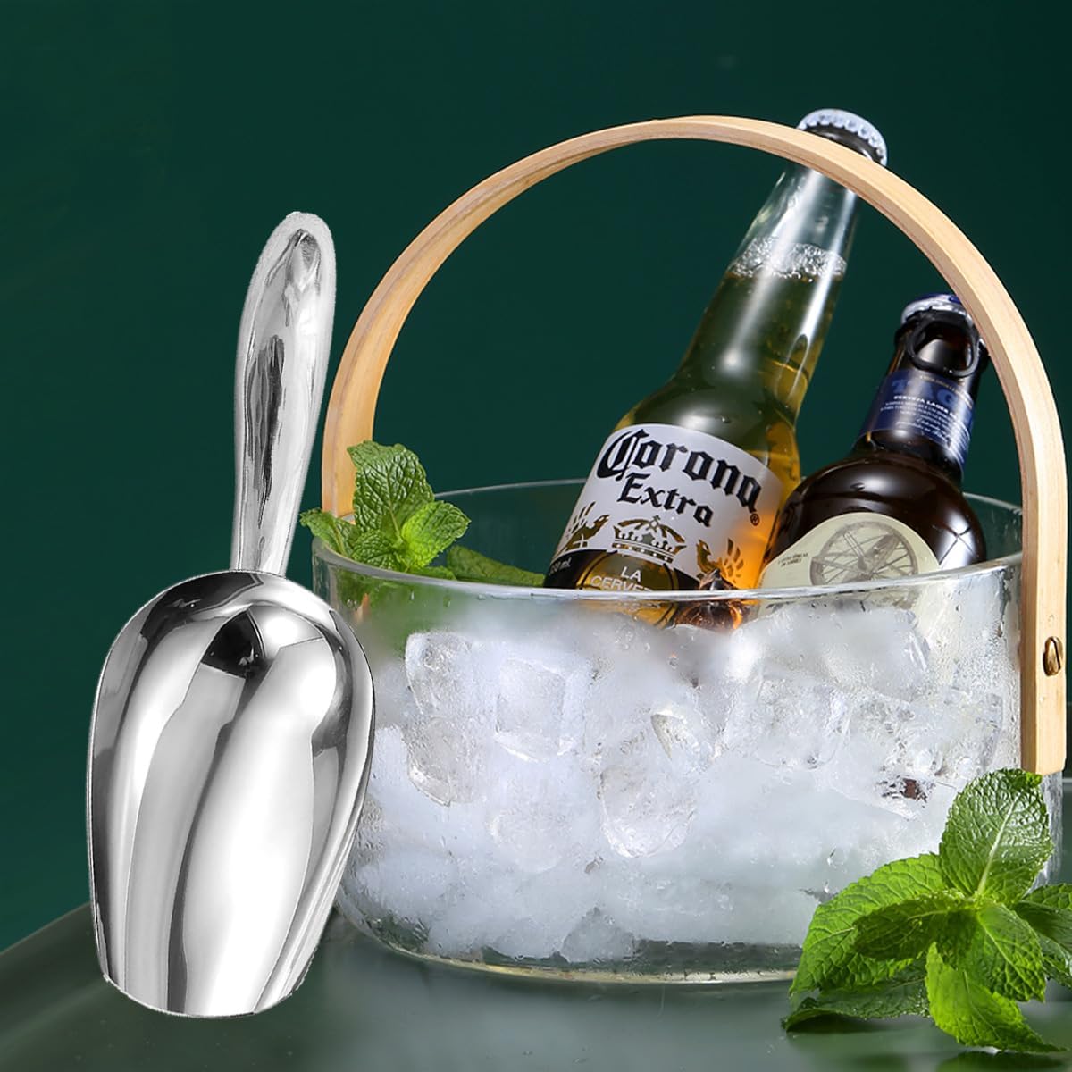 Metal Ice Scoop，Kitchen Ice Scooper for Ice Maker,Stainless Steel Small Ice Scooper for Freezer，Kitchen Gadgets Cookie Flour Pet Dog Food Scoop (Curved handle silver, 3oz)