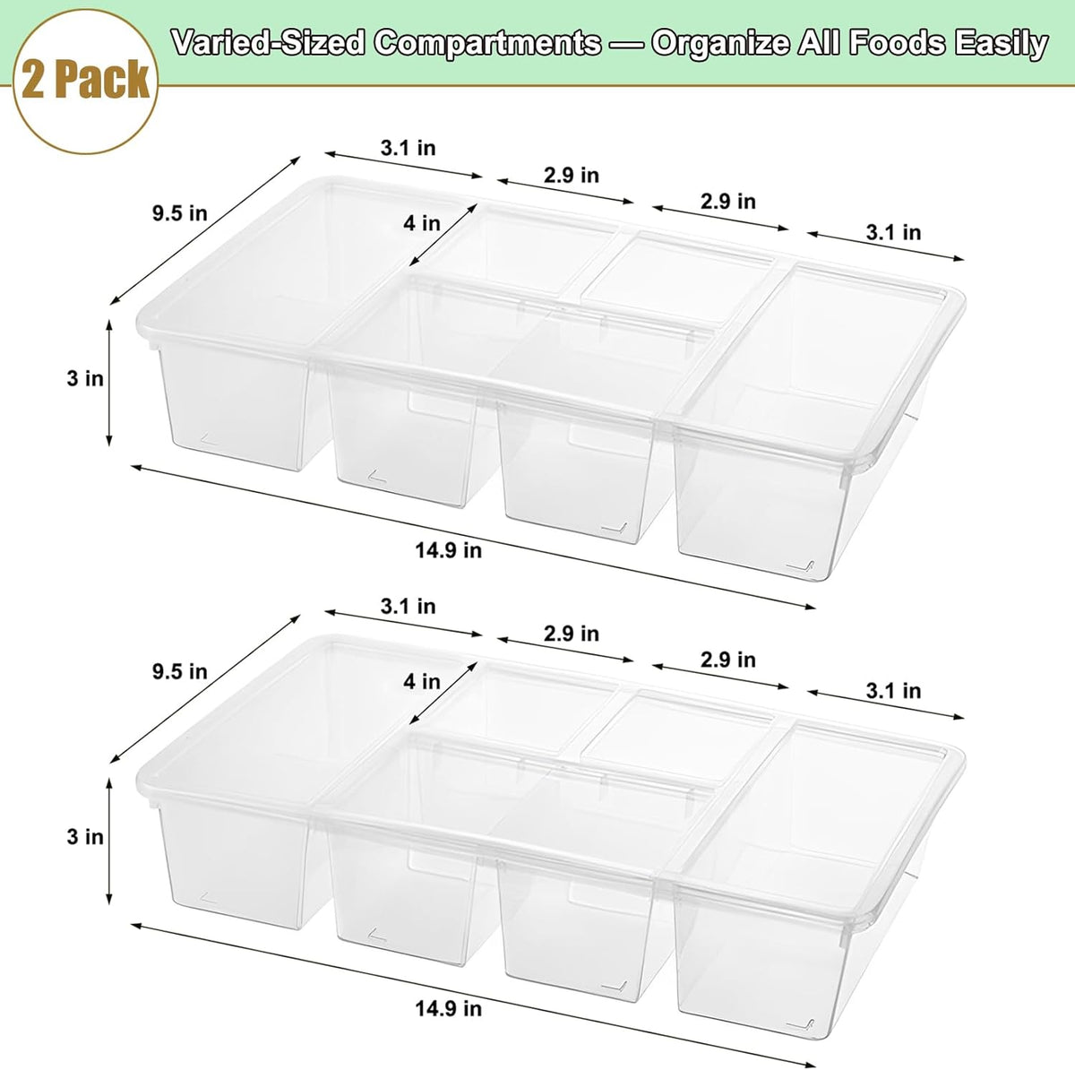 Taiuloo 2 Pack Divided Veggie Tray with Lid, 5 Compartment Salad Bar Containers for Fridge, Clear Snackle Box Organizer, Plastic Food Storage for Fruit, Vegetable, Snack, Meal Prep