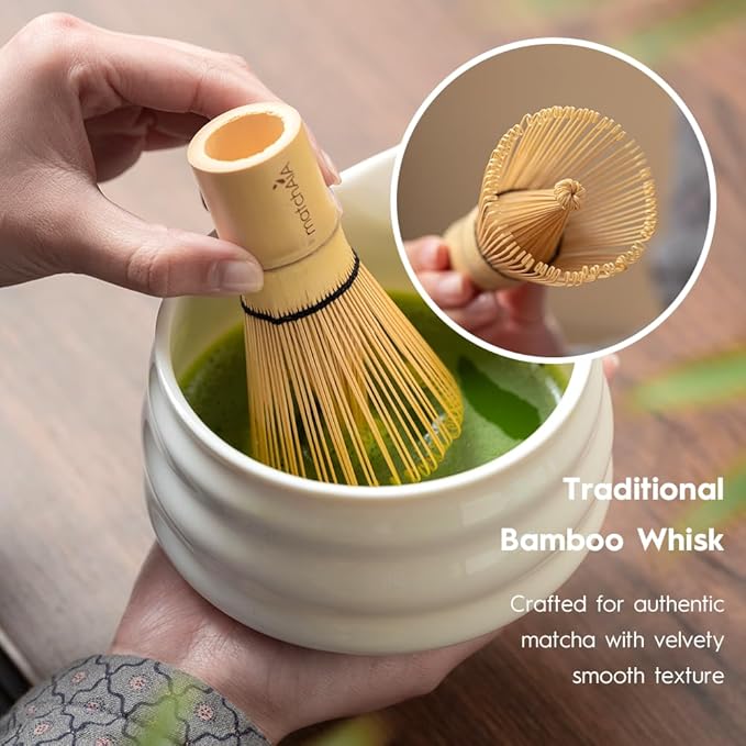 Matcha Whisk Set - Ceramic Bowl, Bamboo Whisk with Holder, Sifter, Schima Spoon, Spoon Rest and Tea Towel - 7 Pcs Complete Kit for Traditional Matcha and Modern Lattes (White)