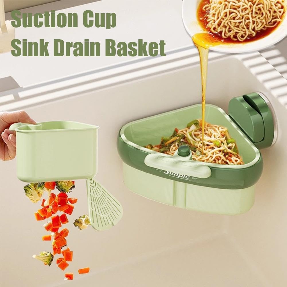 Corner Sink Strainer,2025 New Suction Cup Press Sink Strainer Basket,Automatic Dumping food Waste Catcher for Sink,Faucet Sponge Storage Rack,Corner Sink Trash Catcher for Food Waste (Green 2PCS)