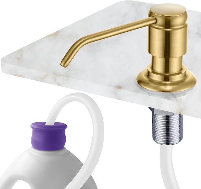 Gagal Kitchen Sink Soap Dispenser (Brushed Gold) and Extension Tube Kit for Kitchen Sink, Complete Brass Head with 40" Silicone Tube Connect to The Bottle Directly, Say Goodbye to Frequent Refills