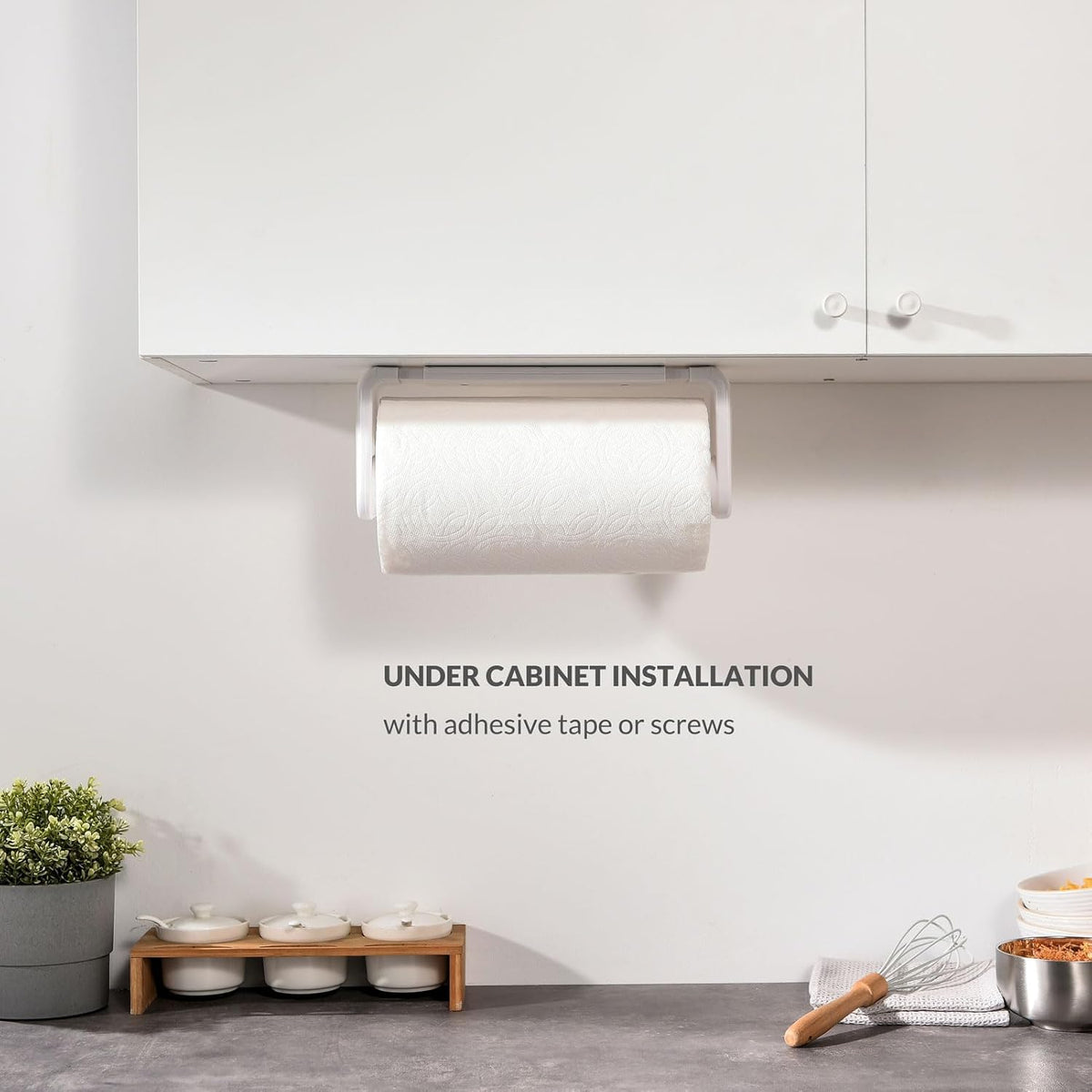 simpletome Paper Towel Holder Under Cabinet or Wall Mount ONE Hand Operation Tension Arm Kitchen Roll Holder (White, for 18-23cm/7-9inches roll)