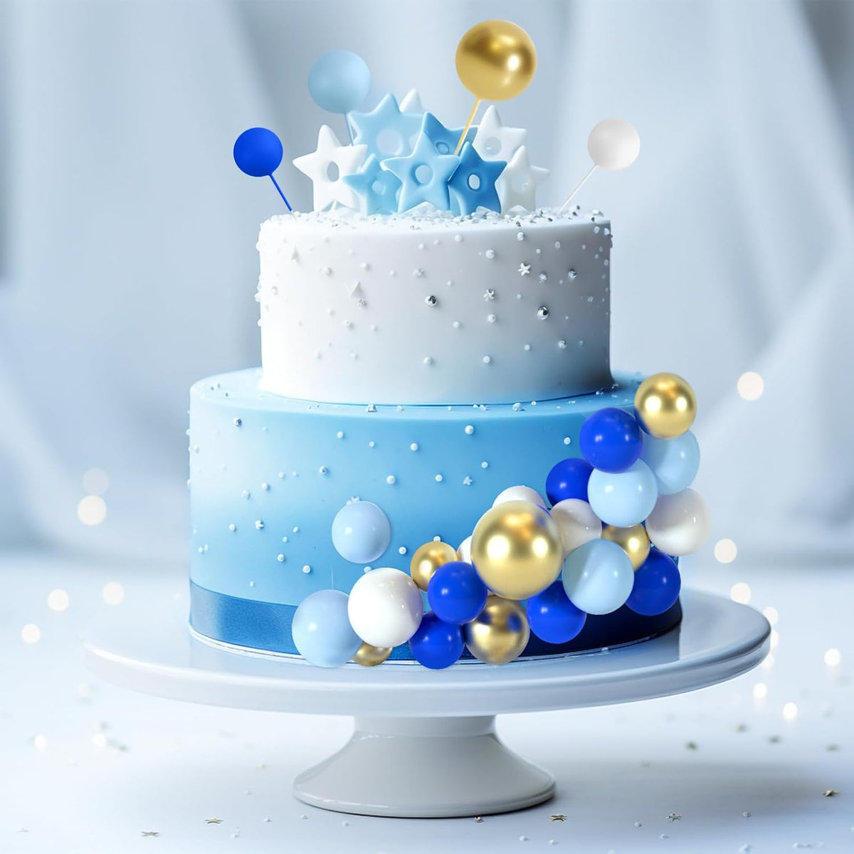48 Pcs Balls Cake Topper Decorations Balloon Cupcake Toppers Foam Cake Topper Balls Cake Balls Decorations for Birthday Party Wedding Cake Decorating (Royal Blue, Light Blue, White, Gold)