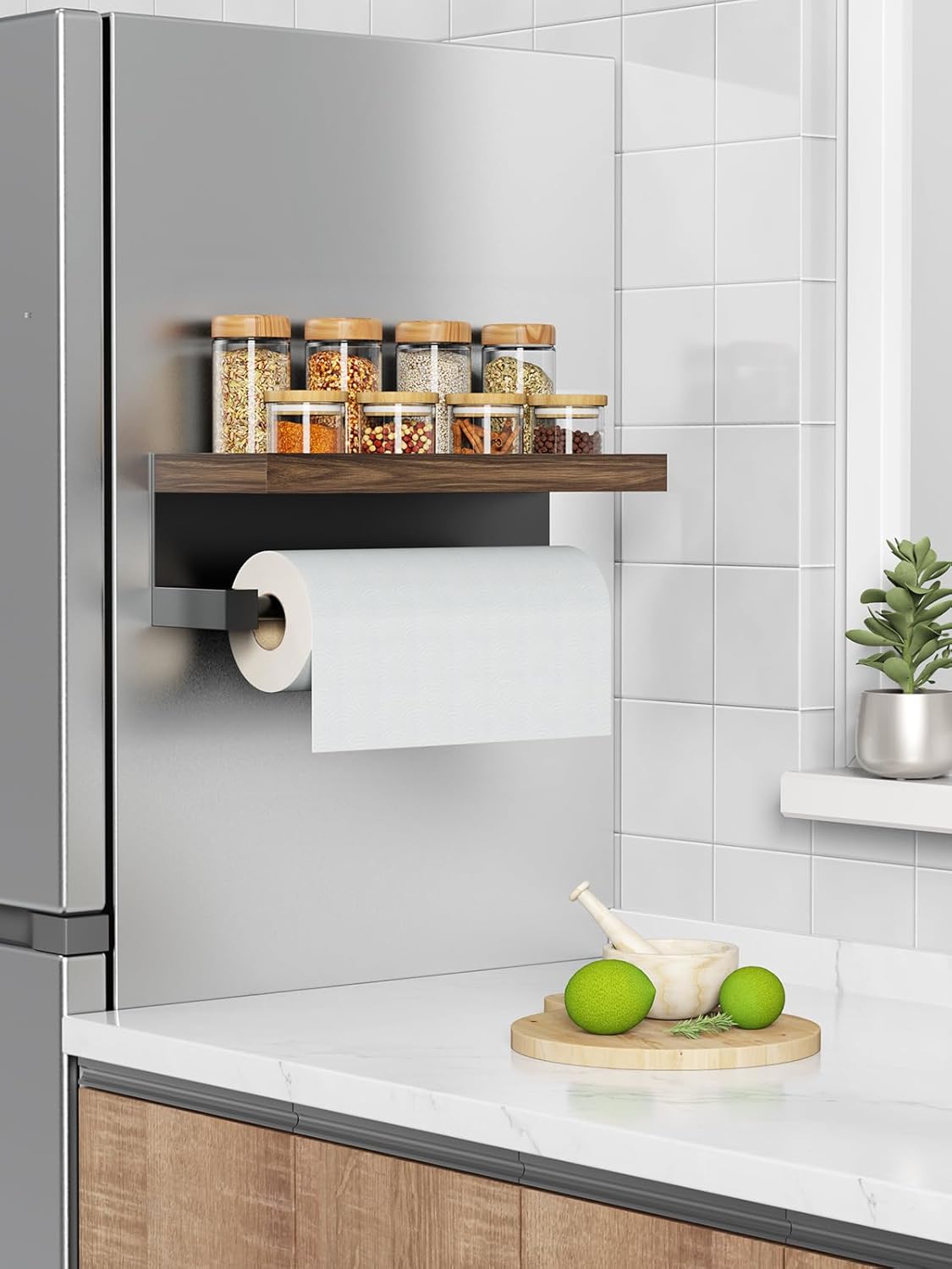 3-in-1 Paper Towel Holder Magnetic Adhesive Wall Mount - Paper Roll Holder with Shelf Under Cabinet, Kitchen Essentials for New Home Apartment Decor, RV Camper Organization Must Haves, Rustic