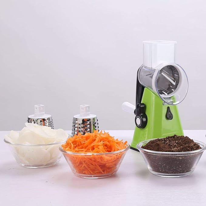 Manual Rotary Potato Grater Kitchen Mandoline Vegetable Slicer，with 3 Interchangeable Blades，Easy to use (Green)