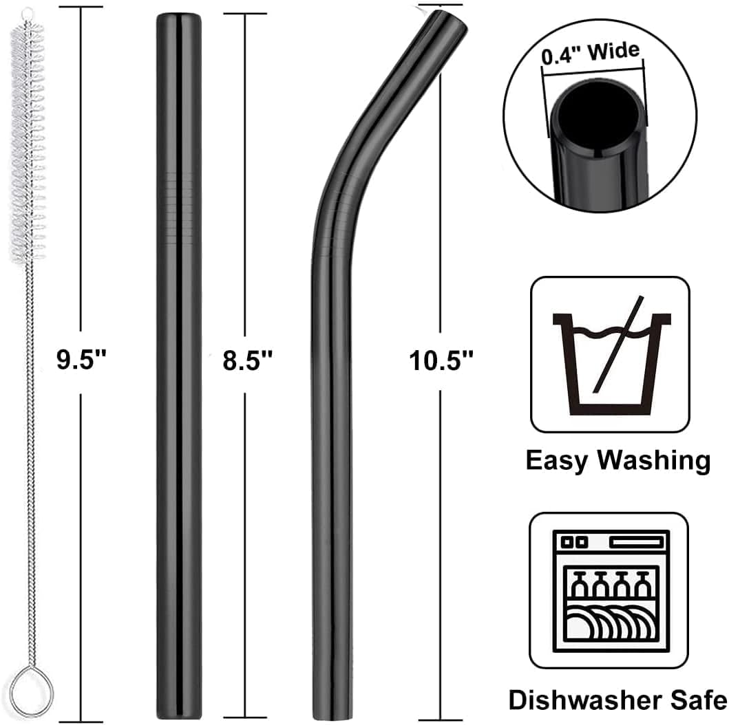 Vinaco Reusable Wide Mouth Straws - 8.5" & 10.5" Stainless Steel, Set of 4 with CleanerBrush, Black Metal Straws forThicker Drinks