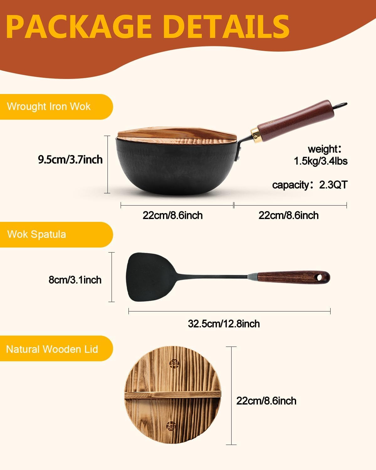 WANGYUANJI Iron Wok,Non-Coated Flat Bottom Small Wok,8.6-Inch Wrought Iron Wok with Lid and Spatula,Stir-Fry Pans Pure Iron Cookware Compatible with Induction, Gas, and Electric Ceramic Cooktops