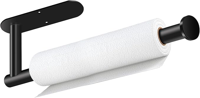Paper Towel Holder, Self Adhesive or Drilling Paper Towel Holder Under Cabinet, Stainless Steel Black Paper Towel Holders Wall Mount for Kitchen, Bathroom, Sink, Pantry, Fridge