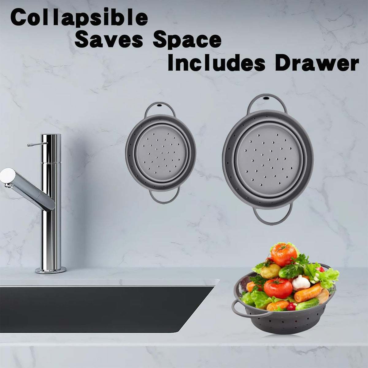Silicone Collapsible Colander with Handle, Kitchen Colander for Easy Storage,Four-side Fast Draining Silicone Draining Basket, Perfect for Fruits Vegetables (Gray M)
