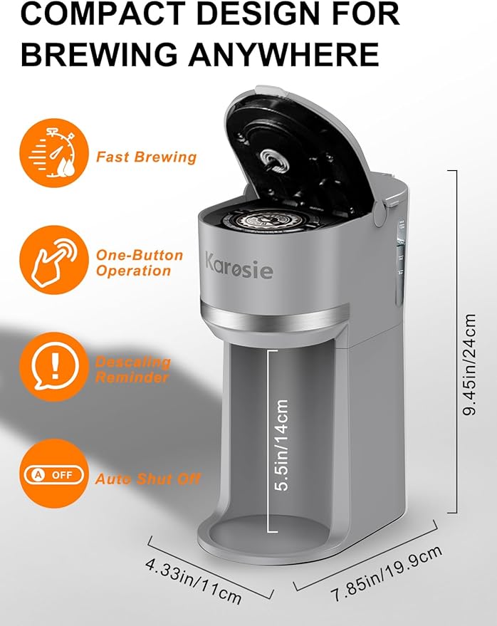 Single Serve Coffee Maker for K-Cup and Ground Coffee, Fast Brew, 6-12 oz Brew Sizes One Cup Coffee Machine Fits 5.5" Mugs, One-Button Small Coffee Maker with Descaling Reminder,Grey