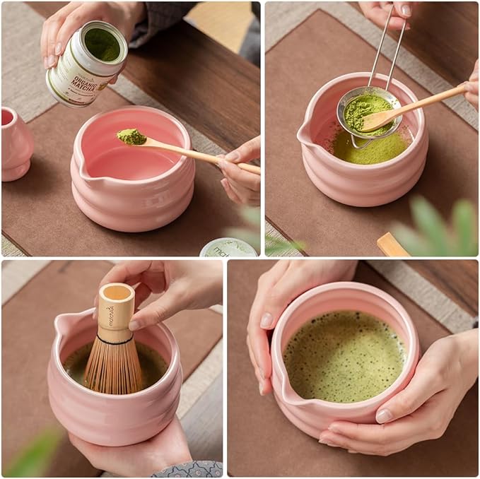 Matcha Whisk Set - Ceramic Bowl, Bamboo Whisk with Holder, Storage Canister, Sifter, Schima Spoon with Rest, Tea Towel - 8 Pcs Complete Kit for Traditional Matcha and Modern Lattes (Pink)
