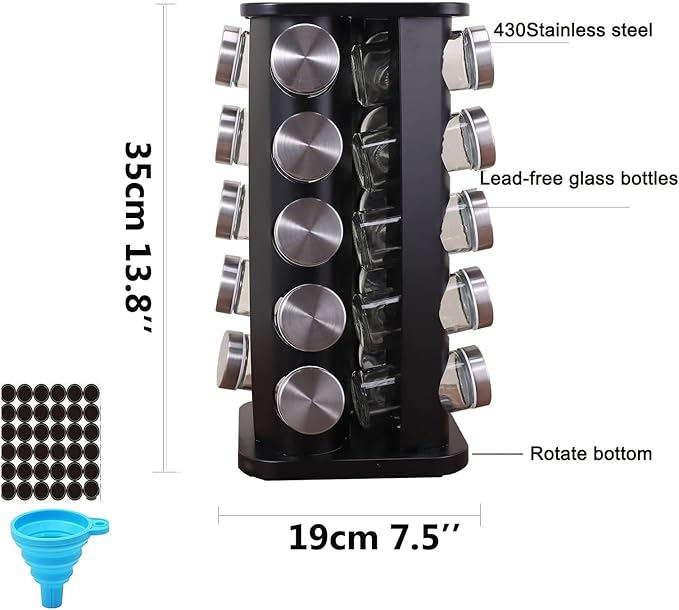 Spice Rack, Spice Rack Organizers for Countertop, Rotating Countertop Spice Rack, Revolving Spice Rack for Kitchen, Kitchen Gadgets, Organizer Rack with Spice Jars (Black, SquareHead_20Jars)