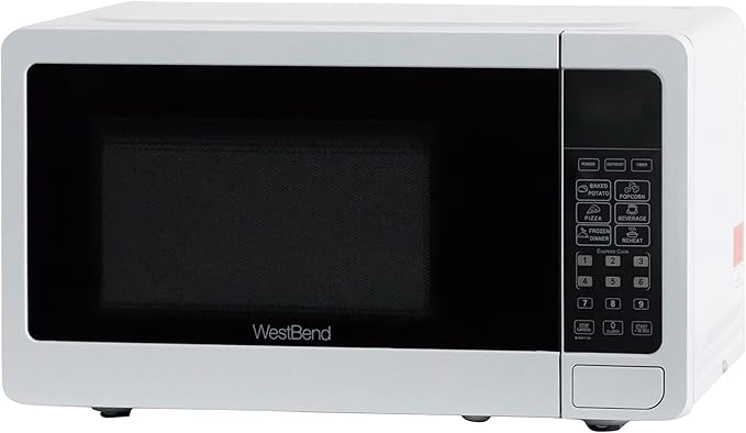 West Bend 0.7 Cu. Ft. Countertop Microwave Oven, 700W with 6 Pre-Programmed Cooking Settings, Speed Defrost, Electronic Control Panel, Rotating Glass Turntable, Add 30 Seconds Button, White