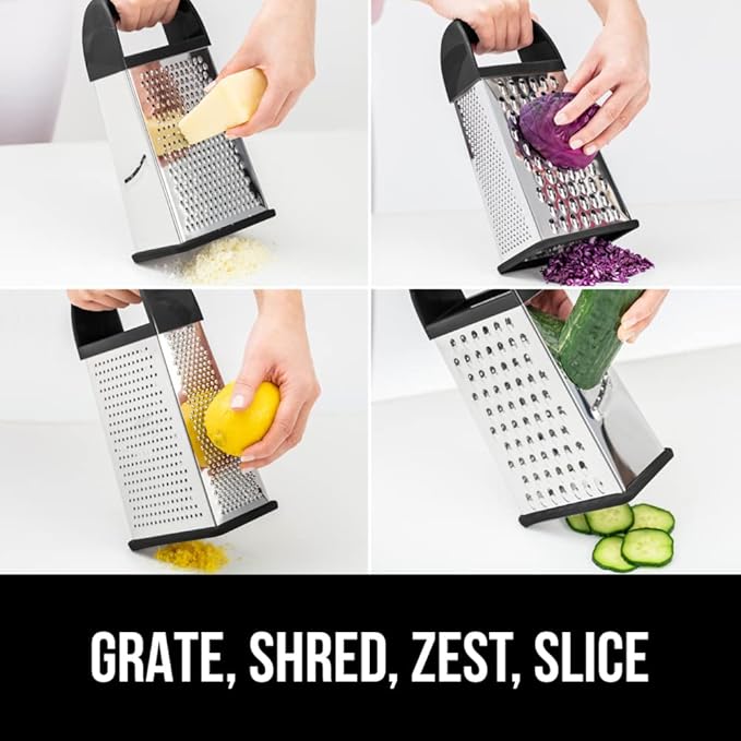 GORILLA GRIP XL 4-Sided Cheese Grater With Container, 100% BPA-Free Stainless Steel Box Graters, Parmesan Shredder, Grate Cheeses, Shred Veggies, Slip Resistant Handle, Dishwasher Safe Zester, Black