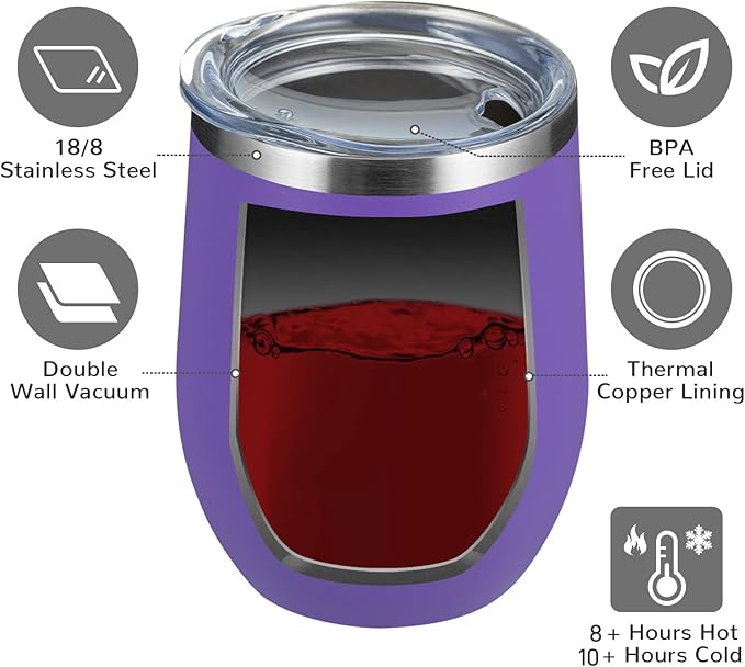 MEWAY 12oz/12 Pack Wine Tumbler Glasses with Lid -Double Wall Vacuum Stainless Steel Travel Tumbler Mug,Stemless Insulated Wine Cup for,Coffee,Cocktails,Gifts (Purple,Set of 12)