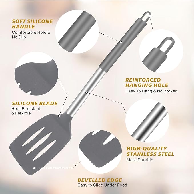3Piece Silicone Spatula Set, Heat-Resistant, Non-Stick Kitchen Spatulas, BPA-Free, for Eggs, Pancakes, Fish, Woks, Includes Multifunctional shelf spoon pad (gray)