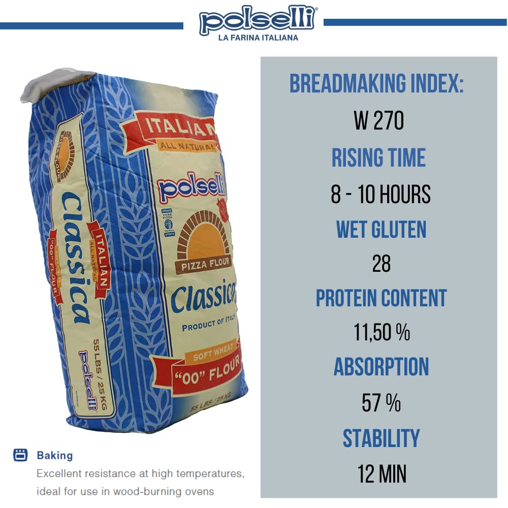 POLSELLI Classica, Tipo 00 Double Zero Flour for Pizza, Bread, Pastas, and more, All Natural, European, Unbleached, Unbromated, No Additives, Formulated for a 8+ hour rise, (25 kg) 55 lbs