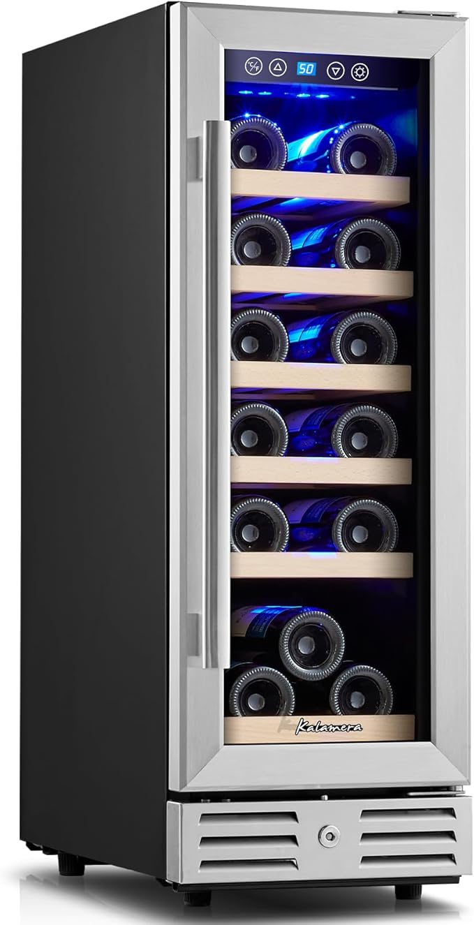 Kalamera Mini Fridge 18 Bottle - 12 inch Wine Cooler Refrigerator, Built-in or Freestanding, with Stainless Steel & Double-Layer Tempered Glass Door, and Temperature Memory Function Wine Fridge