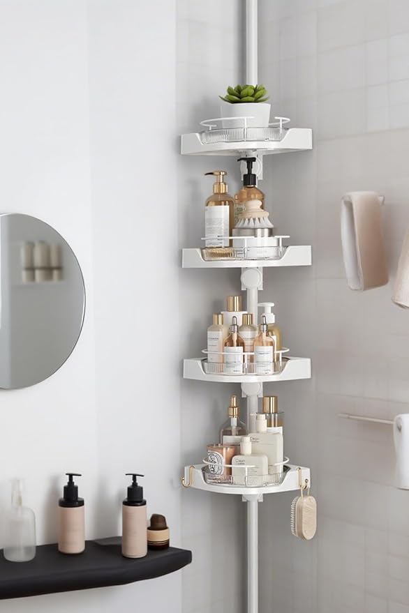 shuang qing 360° Rotating Corner Shower Caddy Tension Pole Organizer - 4-Tier Adjustable Rustproof Metal Pole, Plastic Shelves with Safety Guardrail, Bathroom Storage for Shower & Bathtub(White)