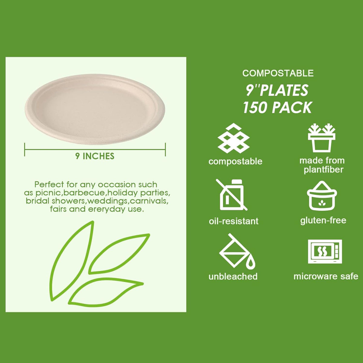 Vplus 150 Pack Paper Plates 9 inch 100% Compostable, Heavy-Duty Disposable Paper Plates Bagasse Natural Biodegradable Eco-Friendly Sugarcane