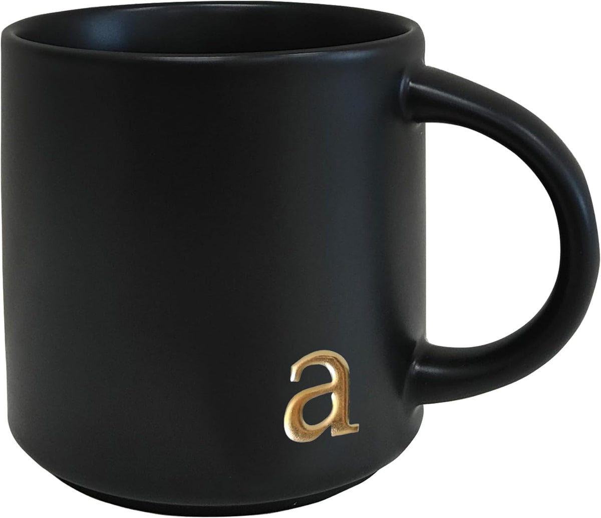 COLLECTIVE HOME - Black Monogram Ceramic Mugs, 15 oz Golden Initial Coffee Cups, Elegant Alphabet Tea Mugs, Personalized Halloween Mug with Gift Box, Perfect for Office and Home Décor (a)