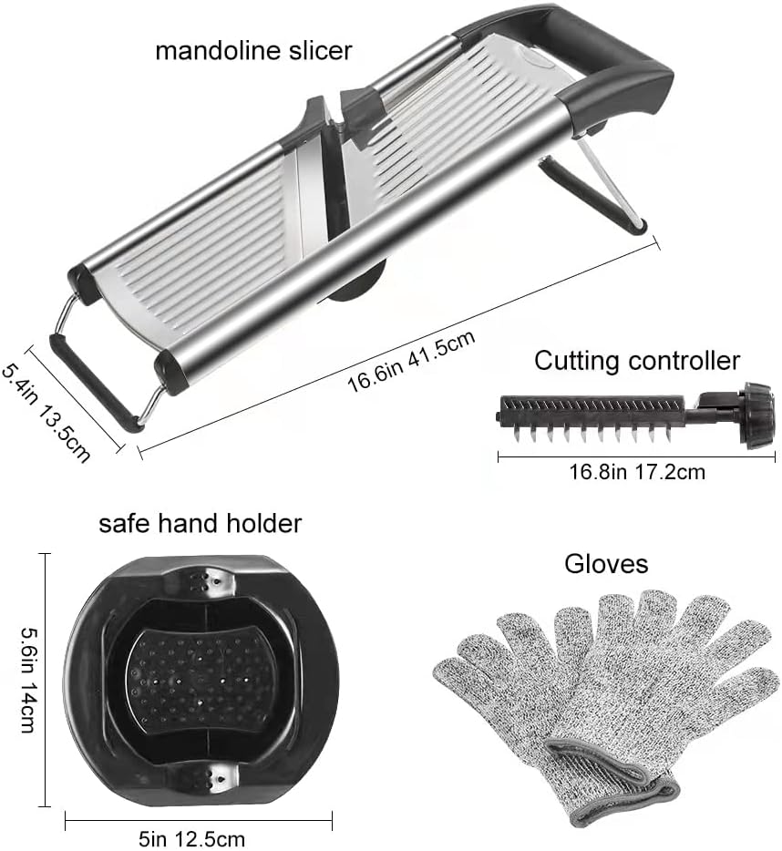 Mandoline Food Slicer, Adjustable Mandoline Slicer for Kitchen, Stainless Steel Mandolin Vegetable Chopper for Potato/Tomato/Onion, Vegetable Slicer Julienne Cutter with Cut-Resistant Gloves