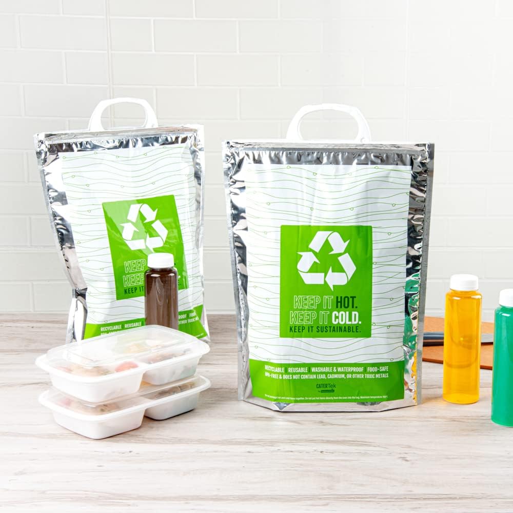Restaurantware Cater Tek 11.8 x 5.9 x 15 Inch Hot And Cold Bags 10 Triple Layer Insulated Bags - Snap Lock Handles Waterproof Green & Silver Plastic Thermal Lunch Bags For Frozen & Hot Items