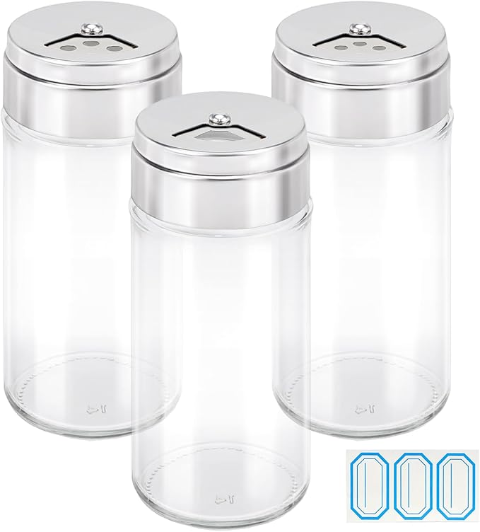 Segarty Spice Jar with Shaker Lids, 3 Pack 4 oz Glass Spice Jars with Adjustable Pour Large Holes, Empty Storage Seasoning Containers Spices Bottles Stainless Lid Salt Shakers for Kitchen Drawer