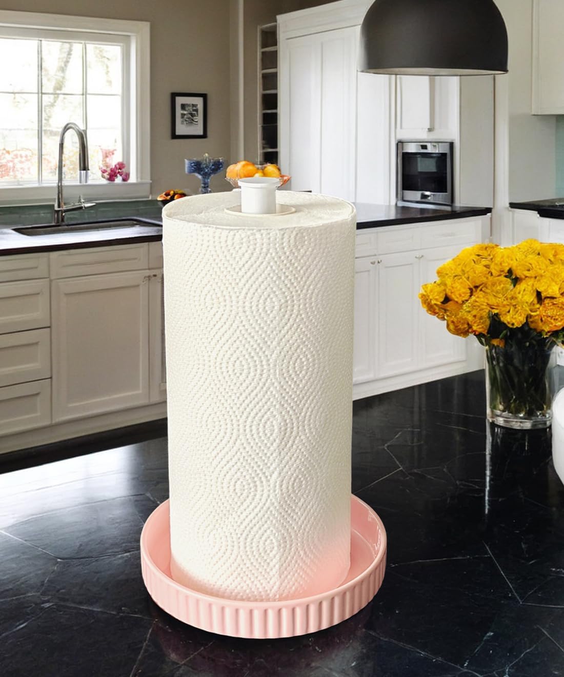 VROOMIUM Paper Towel Holder Countertop, Ceramic Base Easy-to-Clean, 1.5 lbs, 7" B x 12.5" H, Stable Elegant and Durable Kitchen Roll Stand, Cute Pink