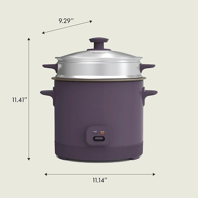 bella 16 Cup Rice Cooker with Steamer, Dishwasher Safe Steaming Basket, Rice Paddle and Measuring Cup, Removable Nonstick Cooking Bowl, Automatic Keep Warm Function, 400 Watt, Plum