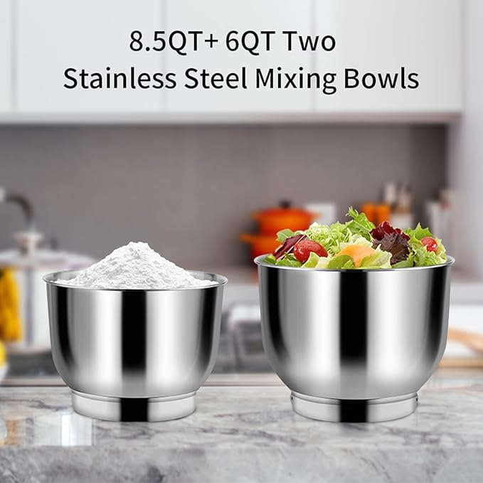 Aifeel Stand Mixer, 8.5QT+ 6QT Two Stainless Steel Bowls Electric Food Mixer, 7 in 1 Multifunctional Kitchen Mixer with Dough Hook, Whisk, Beater, Meat Grinder,Pasta & Cookie Maker-Black