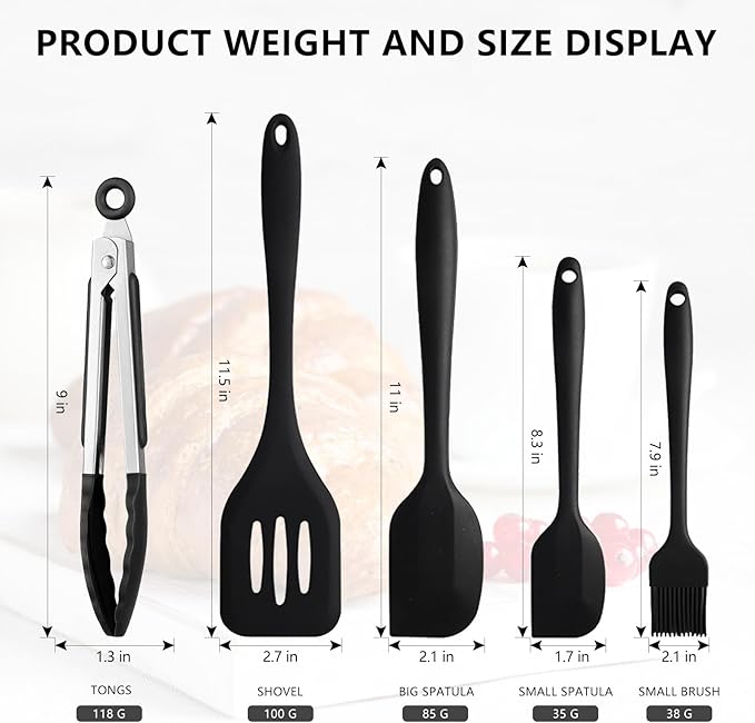 NileHome 4 Pack Silicone Spatula and Grilling Tongs Kitchen Utensils with Silicone Brush Heat Resistant BPA-free Rubber Spatula for Scraping, Baking, Cooking, Mixing-Black