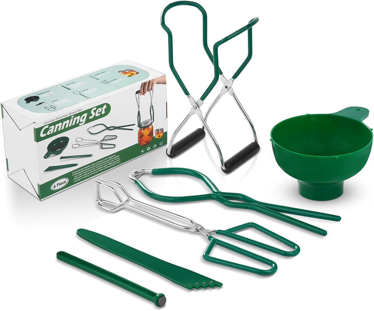 Canning Supplies Set - 6 Essential Tools for Canning Enthusiasts and Beginners - - Mason Jar Lifter, Funnel & Wrench, Tongs, Bubble Popper, Magnetic Lid Lifter for Water Bath & Pressure Canner