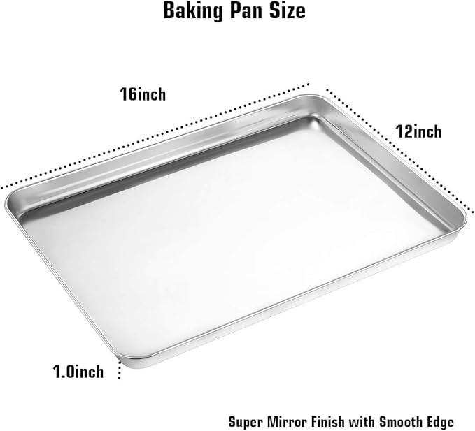 Wildone Baking Sheet Set of 2 - Stainless Steel Cookie Sheet Baking Pan, Size 16 x 12 x 1 inch, Non Toxic & Heavy Duty & Mirror Finish & Rust Free & Easy Clean