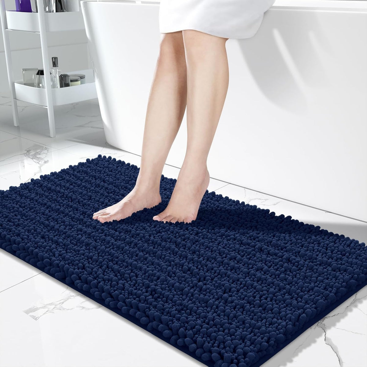 Yimobra Bathroom Runner Rug 55x24 Inch - Extra Long Non Slip Chenille Bath Mat, Soft & Absorbent, Machine Washable Shaggy Hallway Carpet for Vanity Tub Shower, Navy Blue Home Decor Accessories
