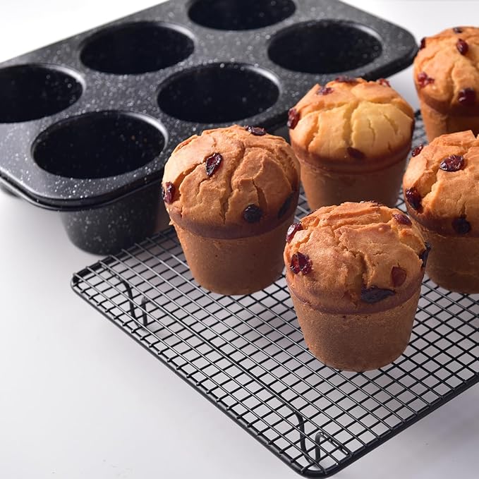 Non-Stick Popover Pans - 6-Cavity High Carbon Steel Tray Mold for Baking, Stainless Steel Jumbo Size for Premium Muffins, Homemade Cupcakes, Breads - Professional Bakery Kitchen Oven (Black)