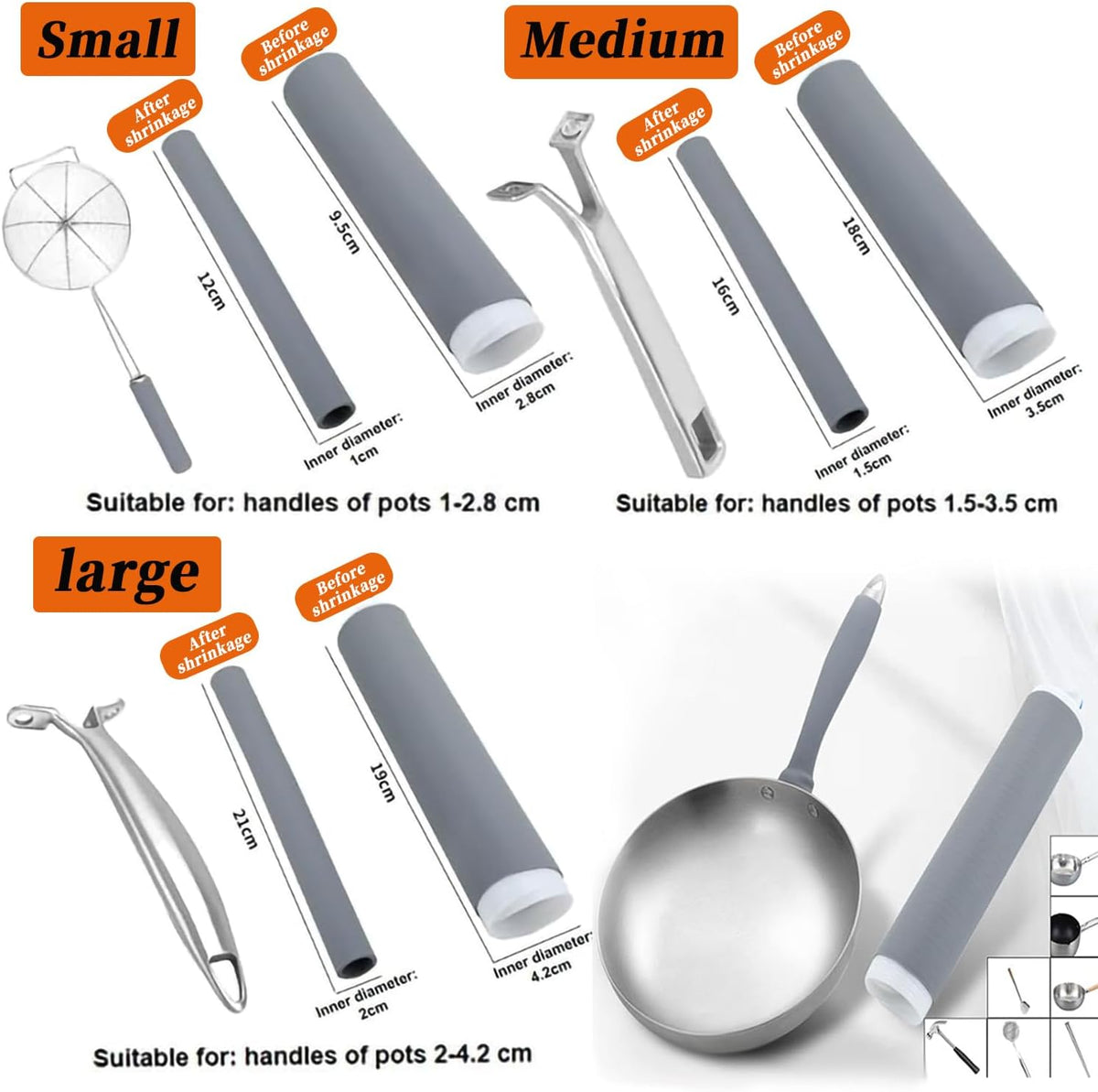 3 Pcs Silicone Pot Handle Cover Heat Resistant, Cast Iron Handle Cover Retractable Silicone Pot Handle Sleeve for Cast Iron Frying Pan Handle Holder (1.1 x 3.7 Inch, S), Gray