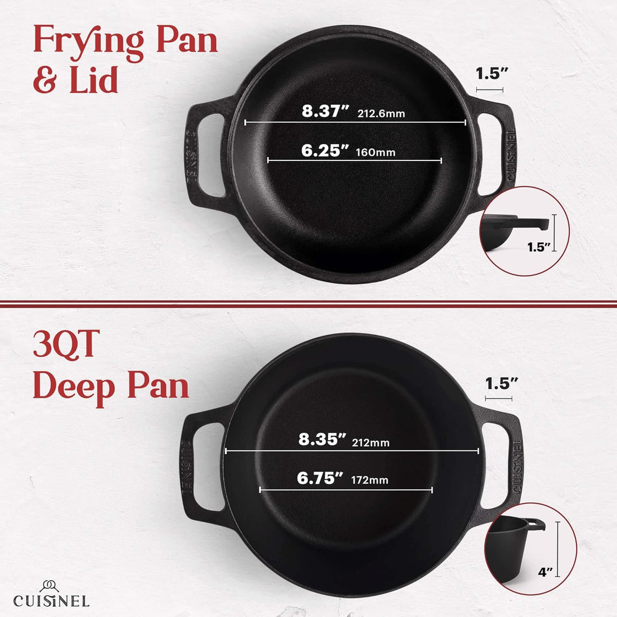 Cuisinel Cast Iron Dutch Oven - 3-Quart Deep Pot - Pre-Seasoned 2-in-1 Multi-Cooker - Combo Lid Doubles as 8"-inch Skillet Frying Pan + Silicone Handle Covers + Scraper - Use for Baking Bread