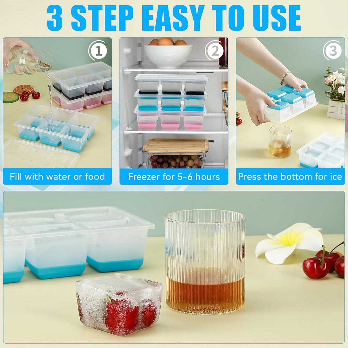 Ice Cube Trays 2 Pack, JRISBO Large Silicone Ice Cube Molds with Leak-Proof Lid, Transparent TPE Frame & Easy Release Bottom, Stackable Freezer Ice Trays for Whiskey, Cocktails, Soup, BPA Free