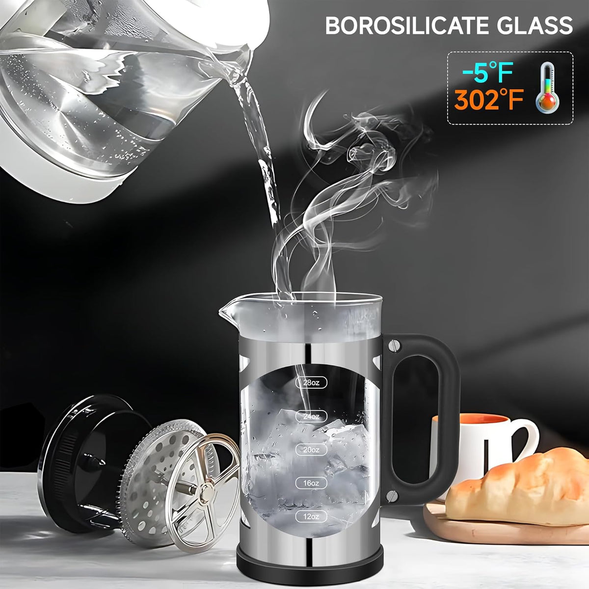34 Ounce French Press Coffee Maker Chromium Stainless Steel Coffee Press, with 4-Level Filter System, Heat Resistant Thickness Borosilicate Glass, BPA-Free Brewed Coffee Pot for Camping Gifts