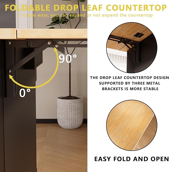 60'' Rolling Kitchen Island with Drop Leaf, Storage Islands Cart with Tilt Out Trash Can Cabinet, Rubber Wood Tabletop, Knife Holder, Wheels, Black