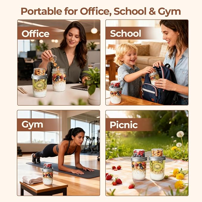 ComSaf Overnight Oats Containers with Lids (16OZ+4OZ, 2PCS) On-The-Go Dual-Laryer Yogurt Parfait Cups with Dry and Wet Separation Mason Jars for Chia Pudding Cereal Nut Fruit Meal Prep Salad
