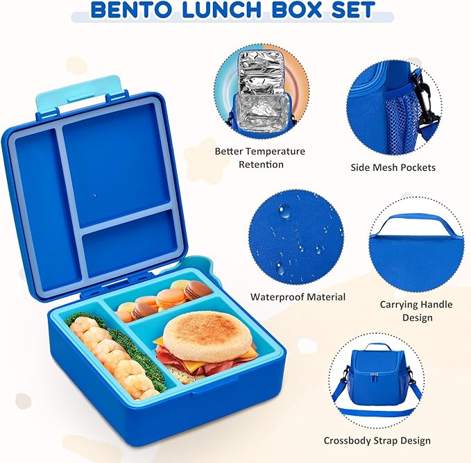 Lunch Box Set with Bento Box Container, 17OZ Stainless Steel Food Soup Thermo, Kids Water Bottle & Portable Insulated Lunch Bag – Leakproof, Hot/Cold Retention for School, Travel(Blue)