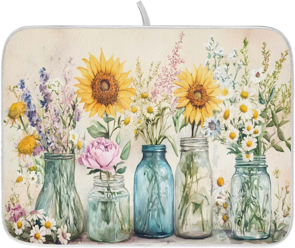 Spring Summer Floral Jars Flowers Dish Drying Mat for Kitchen Counter Absorbent Microfiber Large Drying Pad Dish mats for Kitchen Countertops 18 x 24 Inch